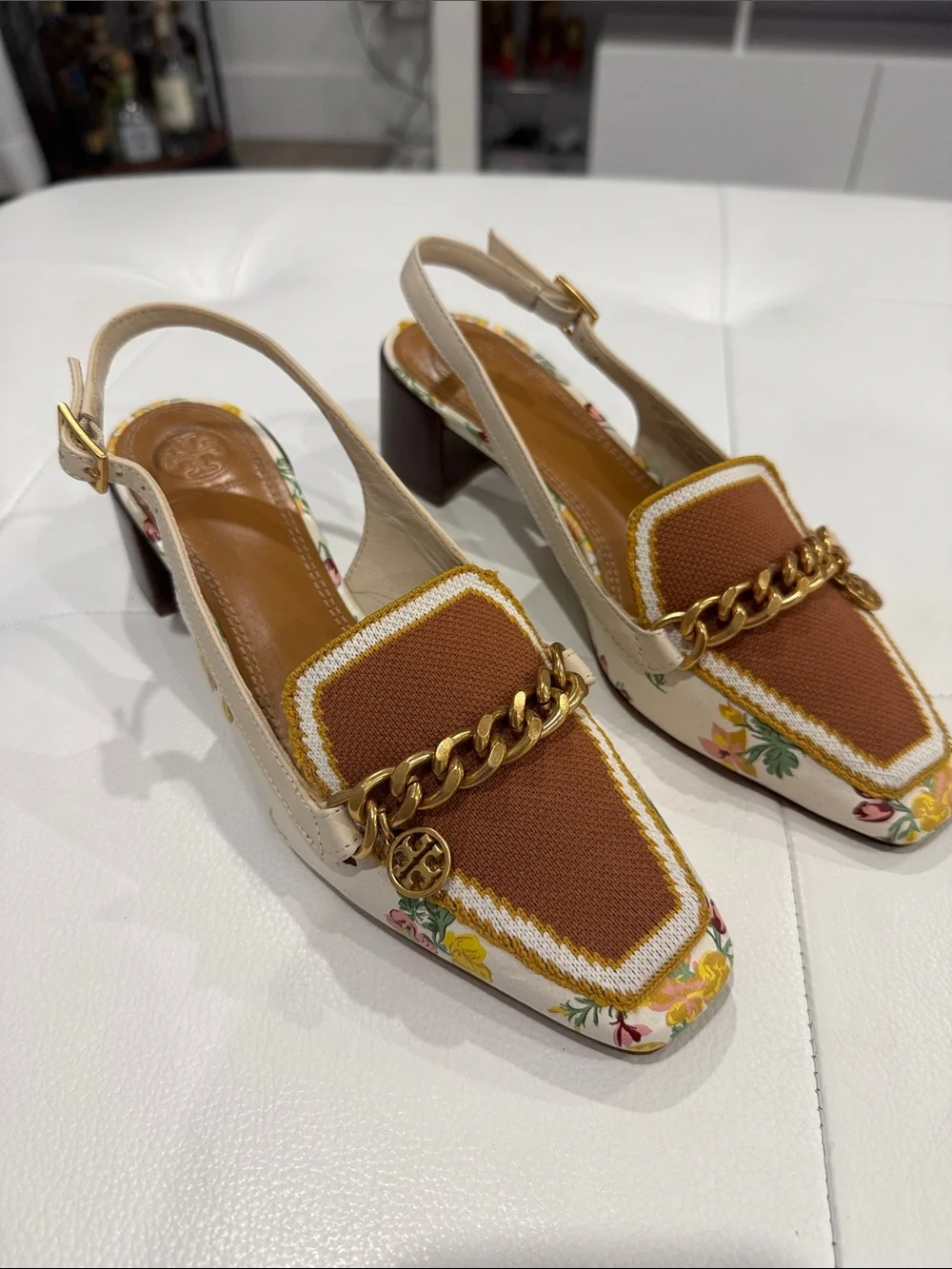 Tory Burch Cream & Brown Floral Chain-Accent Slingback Heels